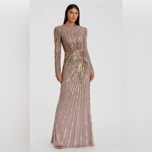 NWT Mac Duggal Embellished Puff Sleeve Side Knot Gown in Mocha *See Notes